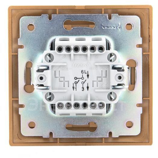 Выключатель 2-кл. СП Мира 10А IP20 со вставкой зол. метал. LEZARD 701-1313-101