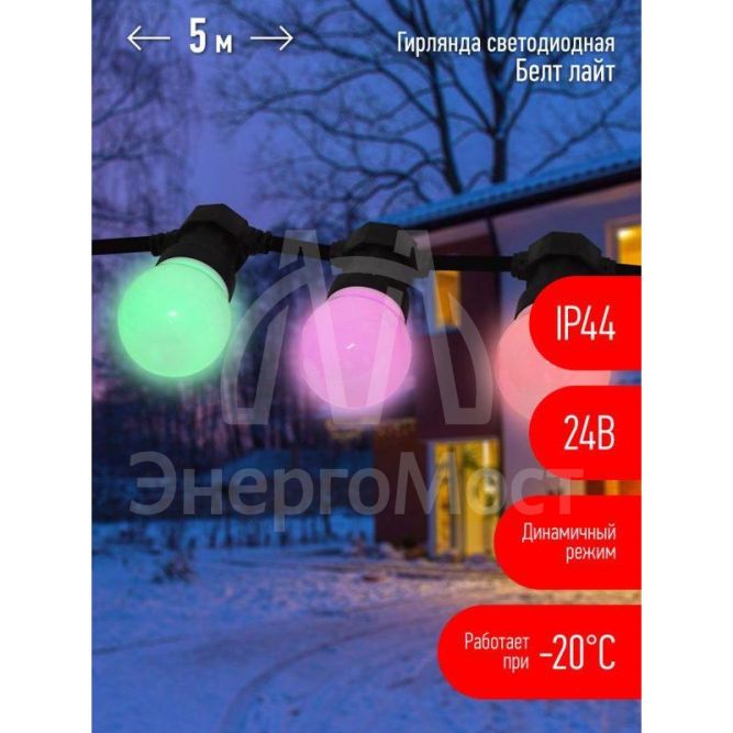 Гирлянда &amp;quot;Белт Лайт&amp;quot; 5м 10LED шаг 50см мультиколор 24В каучуковая изоляция IP44 динамич.режим с контроллером и трансформ. ЭРА Б0047956