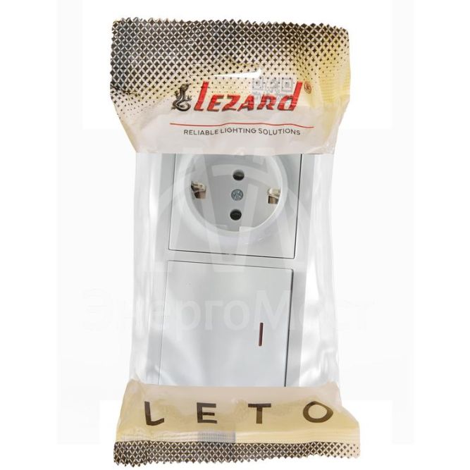 Блок выключатель 1-клав. с инд. и розетка 1-местн с заземл. LETO бел. горизонталь LEZARD 752-0200-170BIP