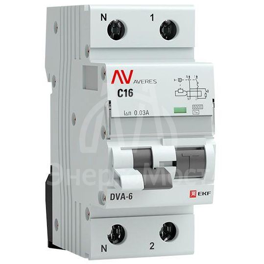 Выключатель автоматический дифференциального тока 2п (1P+N) C 16А 30мА тип AC 6кА DVA-6 Averes EKF rcbo6-1pn-16C-30-ac-av