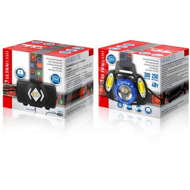 Фонарь аккумуляторный налобный E1334 3LED 4Вт фокус 4 режима аккум. 3.7В метал. син./черн. Ultraflash 13904