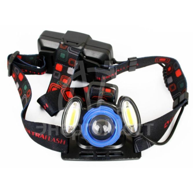 Фонарь аккумуляторный налобный E1334 3LED 4Вт фокус 4 режима аккум. 3.7В метал. син./черн. Ultraflash 13904