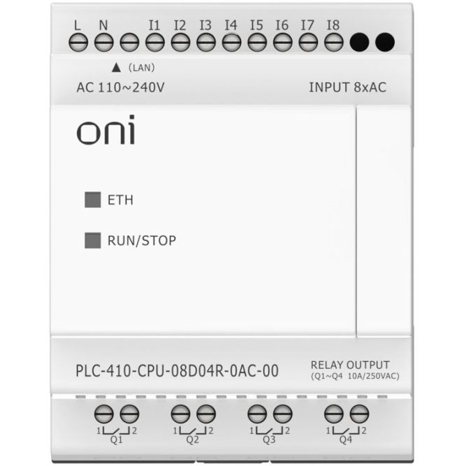 Модуль ЦПУ ПЛК 410 8 DI 4 RO 220В AC с Ethernet портом без экрана ONI PLC-410-CPU-08D04R-0AC-00