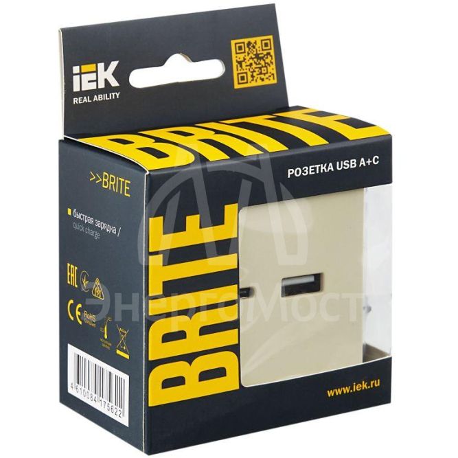 Розетка BRITE USB A+C 18Вт РЮ11-1-БрКр беж. IEK BR-U22-018-K10