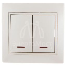 Выключатель 2-кл. СП Мира 10А IP20 с подсветкой со вставкой жемчуж./бел. перламутр LEZARD 701-3030-112