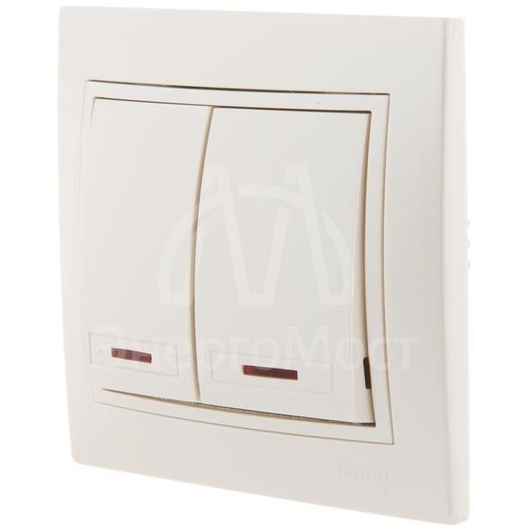 Выключатель 2-кл. СП Мира 10А IP20 с подсветкой со вставкой жемчуж./бел. перламутр LEZARD 701-3030-112