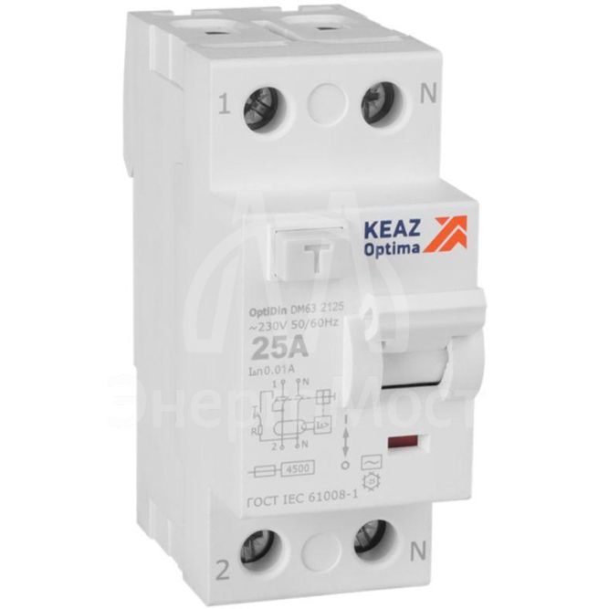 Выключатель дифференциального тока (УЗО) 2п 25А 10мА тип AC 4.5кА OptiDin DM63-2125 УХЛ4 КЭАЗ 343882