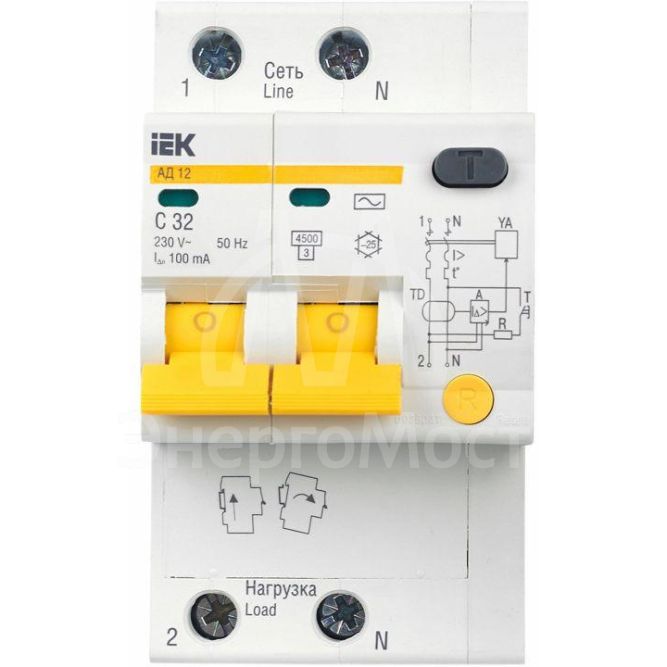 Выключатель автоматический дифференциального тока 2п C 32А 100мА тип AC 4.5кА АД-12 IEK MAD10-2-032-C-100