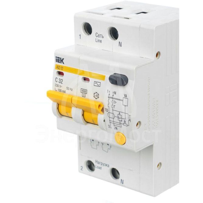 Выключатель автоматический дифференциального тока 2п C 32А 100мА тип AC 4.5кА АД-12 IEK MAD10-2-032-C-100