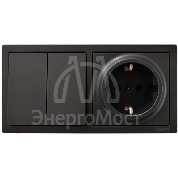 Блок выключатель 2-клав. и розетка 1-местн с заземл. LETO черн. бархат горизонталь LEZARD 752-4200-170BKP