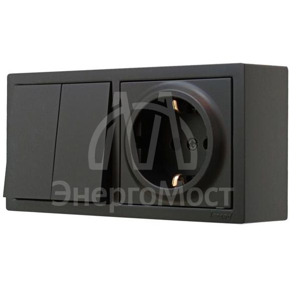 Блок выключатель 2-клав. и розетка 1-местн с заземл. LETO черн. бархат горизонталь LEZARD 752-4200-170BKP