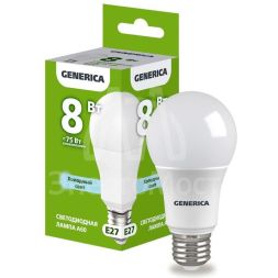Лампа светодиодная A60 8Вт грушевидная 6500К E27 230В GENERICA LL-A60-08-230-65-E27-G