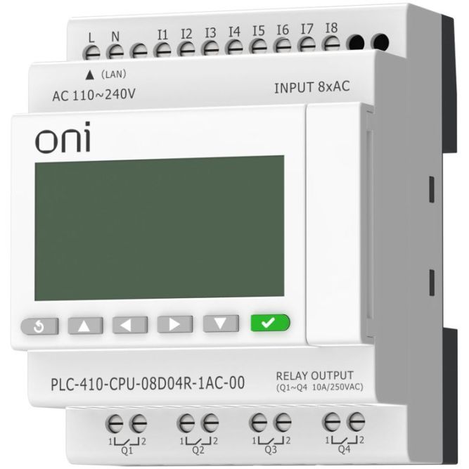 Модуль ЦПУ ПЛК 410 8 DI 4 RO 220В AC с Ethernet портом с экраном ONI PLC-410-CPU-08D04R-1AC-00