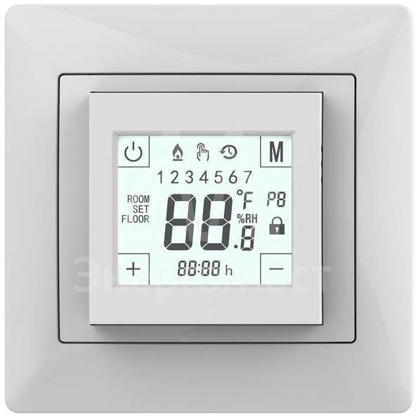 Термостат прогр. W225 сенс. дисплей датчик пола 3.6кВт 16А бел. (в компл. переходник для рамок Unica/Glossa/Etika) Grand Meyer W225
