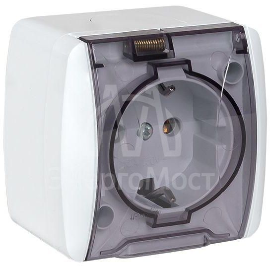 Розетка 1-м ОП Владивосток 16А IP54 с заземл. с прозр. крышкой бел. EKF EQR16-029-30-54-T