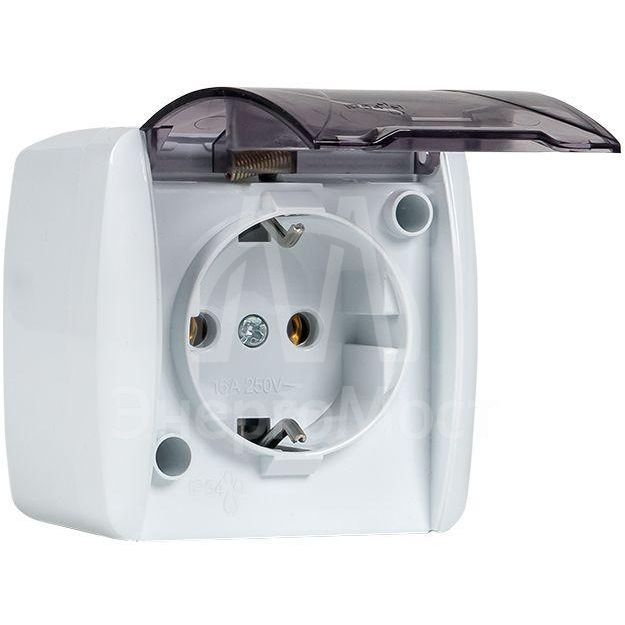 Розетка 1-м ОП Владивосток 16А IP54 с заземл. с прозр. крышкой бел. EKF EQR16-029-30-54-T