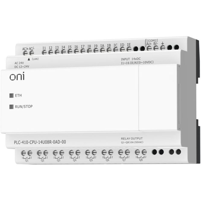 Модуль ЦПУ ПЛК 410 8 DI 6 UI (0-10В/DI) 8 RO 12В-24В DC или 24В AC с Ethernet портом без экрана ONI PLC-410-CPU-14U08R-0AD-00