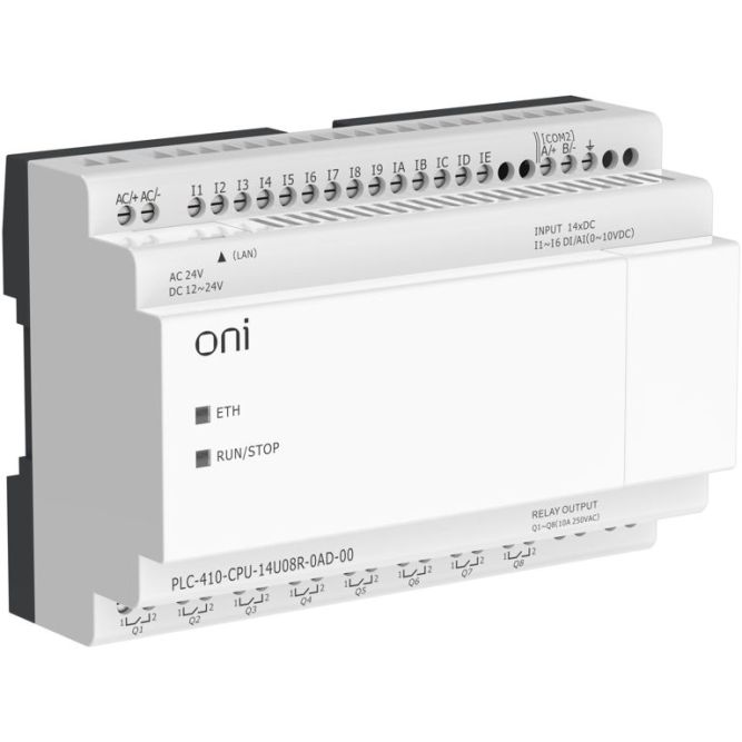 Модуль ЦПУ ПЛК 410 8 DI 6 UI (0-10В/DI) 8 RO 12В-24В DC или 24В AC с Ethernet портом без экрана ONI PLC-410-CPU-14U08R-0AD-00