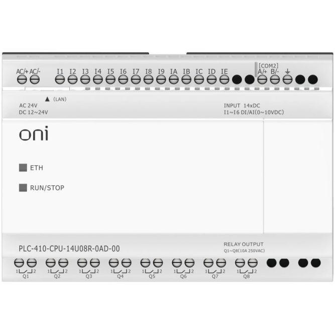 Модуль ЦПУ ПЛК 410 8 DI 6 UI (0-10В/DI) 8 RO 12В-24В DC или 24В AC с Ethernet портом без экрана ONI PLC-410-CPU-14U08R-0AD-00