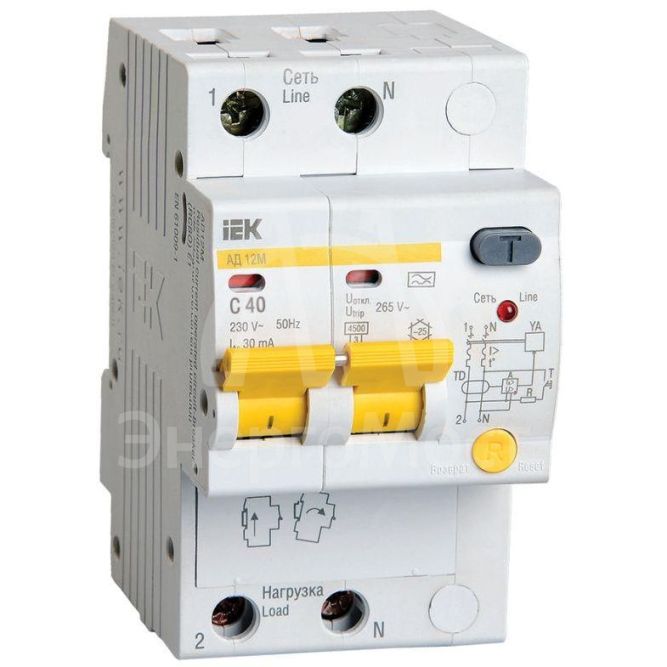 Выключатель автоматический дифференциального тока 2п C 40А 30мА тип A 4.5кА АД-12М IEK MAD12-2-040-C-030