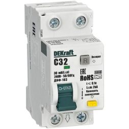 Выключатель автоматический дифференциального тока (АВДТ) 1P+N 32А 30мА A х-ка C ДИФ-103 6кА DEKraft 16350DEK