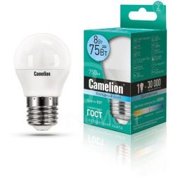 Лампа светодиодная LED8-G45/845/E27 8Вт шар 4500К бел. E27 750лм 170-265В Camelion 12394