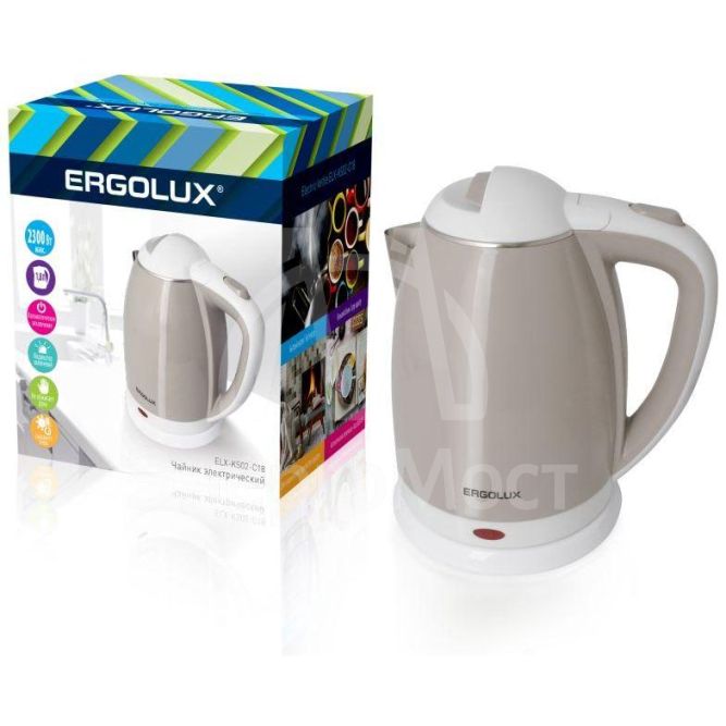 Чайник ELX-KS02-C18 нерж.сталь/пластик 1.8л 160-250В 1500-2300Вт бежево-бел. Ergolux 13121