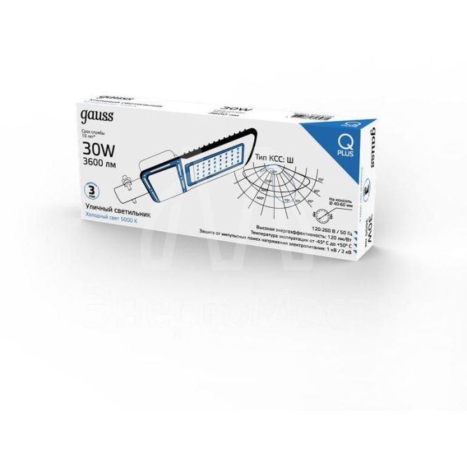 Светильник светодиодный Qpus 370х145х45 30Вт 5000К 3600лм IP65 110-260В уличный КСС &amp;quot;Ш&amp;quot; 1/6 Gauss 629535330
