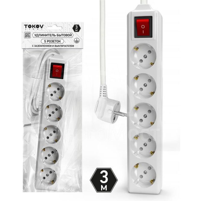 Удлинитель 5х3м с заземл. с выкл. 10А 3х1.5 TOKOV LIGHT TKL-C01-BU5-3-1.5-ZV
