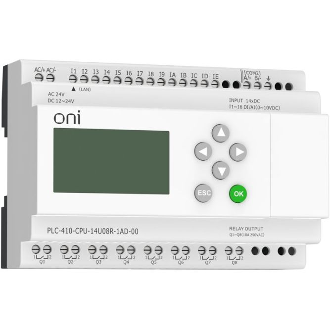 Модуль ЦПУ ПЛК 410 8 DI 6 UI (0-10В/DI) 8 RO 12В-24В DC или 24В AC с Ethernet портом с экраном ONI PLC-410-CPU-14U08R-1AD-00