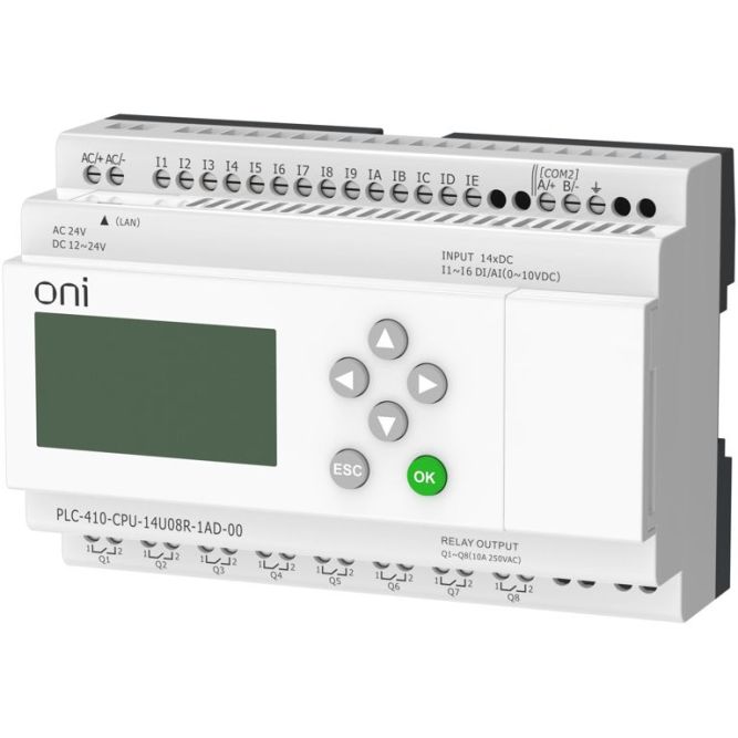 Модуль ЦПУ ПЛК 410 8 DI 6 UI (0-10В/DI) 8 RO 12В-24В DC или 24В AC с Ethernet портом с экраном ONI PLC-410-CPU-14U08R-1AD-00