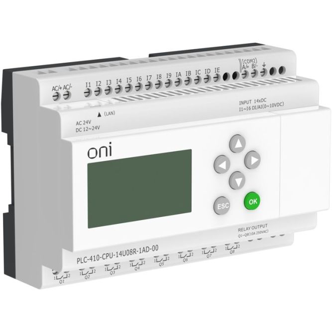 Модуль ЦПУ ПЛК 410 8 DI 6 UI (0-10В/DI) 8 RO 12В-24В DC или 24В AC с Ethernet портом с экраном ONI PLC-410-CPU-14U08R-1AD-00