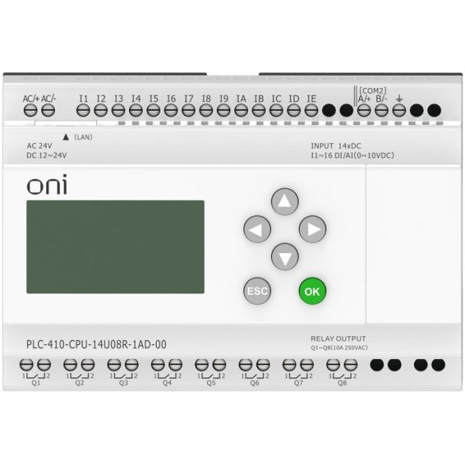 Модуль ЦПУ ПЛК 410 8 DI 6 UI (0-10В/DI) 8 RO 12В-24В DC или 24В AC с Ethernet портом с экраном ONI PLC-410-CPU-14U08R-1AD-00