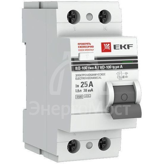 Выключатель дифференциального тока (УЗО) 2п 25А 30мА тип A ВД-100 (электромех.) PROxima EKF elcb-2-25-30-em-a-pro