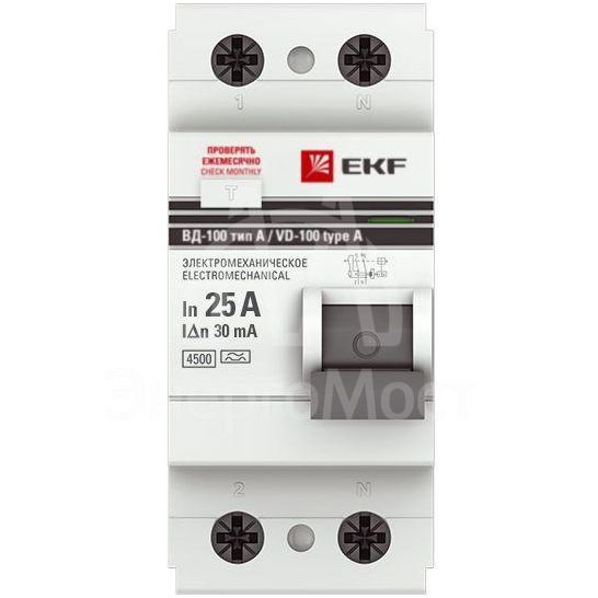 Выключатель дифференциального тока (УЗО) 2п 25А 30мА тип A ВД-100 (электромех.) PROxima EKF elcb-2-25-30-em-a-pro
