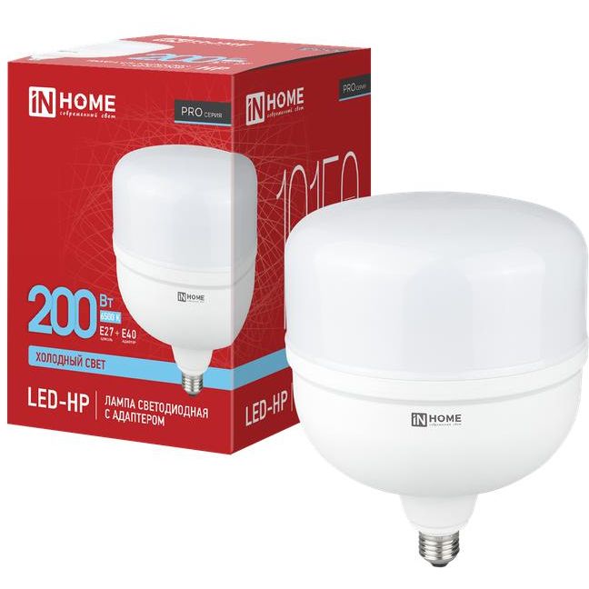 Лампа светодиодная LED-HP-PRO 200Вт 6500К E27 с адаптером E40 19150лм 230В IN HOME 4690612066547