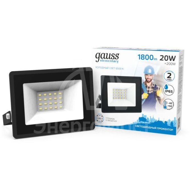 Прожектор светодиодный Elementary 20Вт IP65 6500К черн. Gauss 613100320