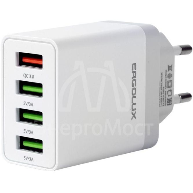 Адаптер сетевой ELX-РA02QC-C01 36Вт 4USB 100-220В 5-9В/3А 1QC+3/3А коробка бел. Ergolux 15292
