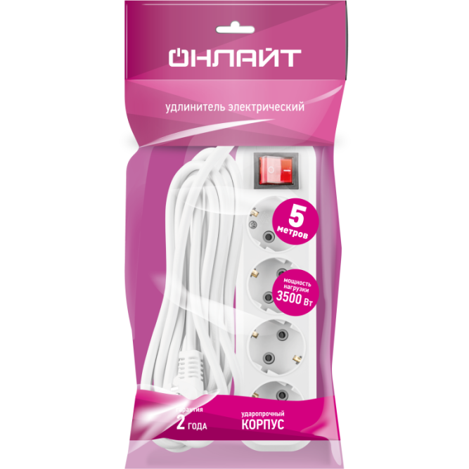 Удлинитель 4х5м с заземл. 16А IP20 90 810 OPE-S-04-500-ESC-3x1 с кнопкой бел. ОНЛАЙТ 90810