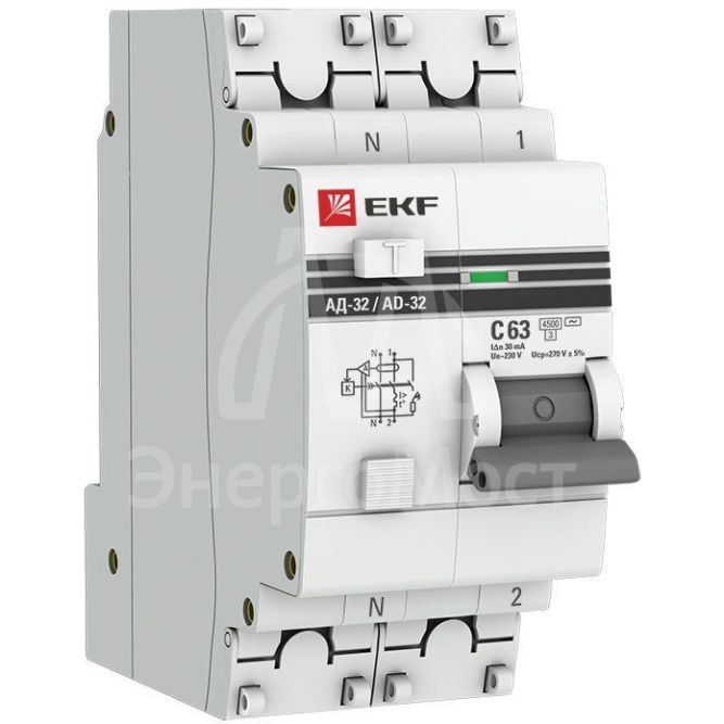 Выключатель автоматический дифференциального тока 1п+N C 63А 30мА тип AC 4.5кА АД-32 PROxima EKF DA32-63-30-pro