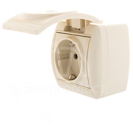 Розетка 1-м ОП Ната с защ. крышкой керам. с заземл. крем. LEZARD 710-0300-123