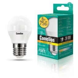 Лампа светодиодная LED8-G45/830/E27 8Вт шар 3000К тепл. бел. E27 720лм 170-265В Camelion 12392
