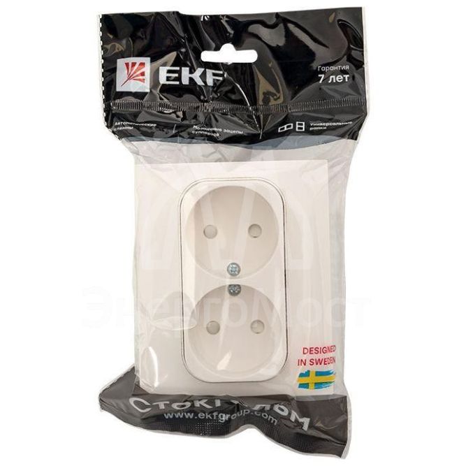 Розетка 2-м СП Стокгольм 10А IP20 без заземл. защ. шторки бел. PROxima EKF EXR10-102-10