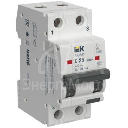 Выключатель автоматический дифференциального тока B10N 2P C25 30мА тип AC ARMAT IEK AR-B10N-2-C025C030