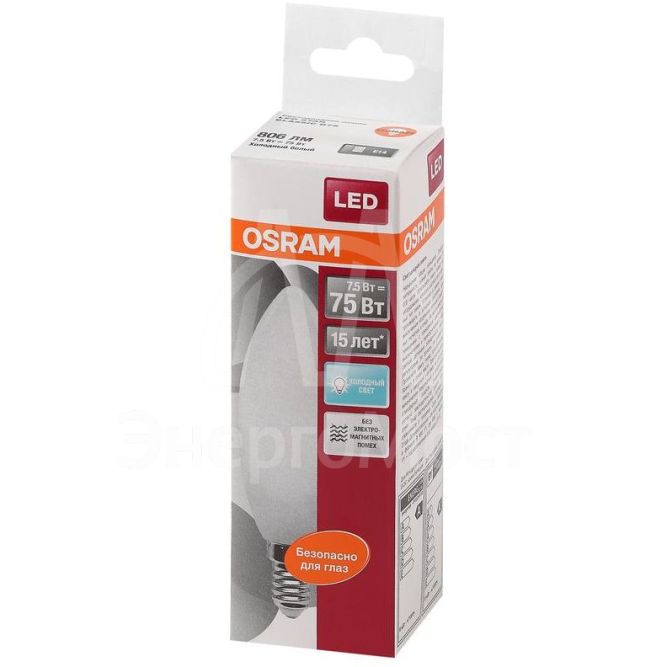 Лампа светодиодная LED STAR CLASSIC B 75 8W/840 8Вт свеча 4000К нейтр. бел. E14 806лм 220-240В матов. пласт. OSRAM 4058075210714