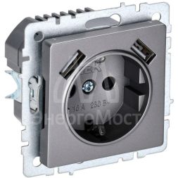 Розетка BRITE РЮш10-1-БрС 16А с USB A+A 2.1А с заземл. защ. шторки сталь IEK BR-R14-16-U21-D21-K46
