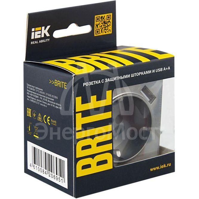 Розетка BRITE РЮш10-1-БрС 16А с USB A+A 2.1А с заземл. защ. шторки сталь IEK BR-R14-16-U21-D21-K46
