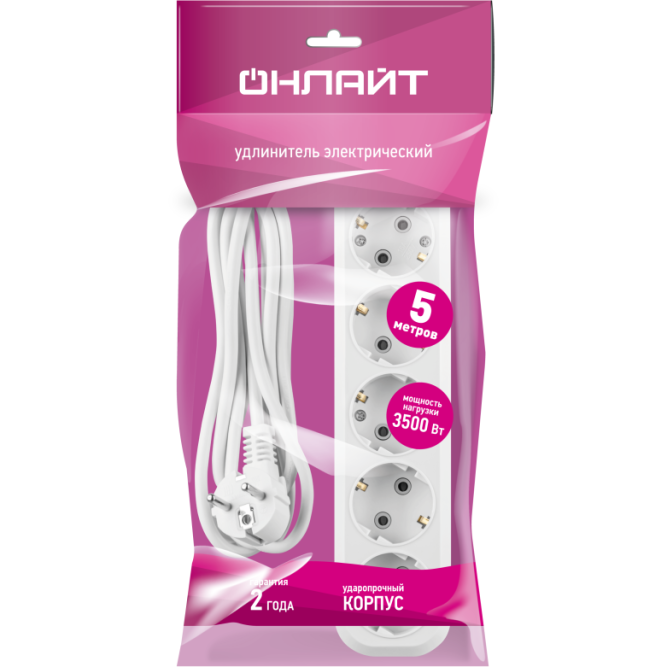 Удлинитель 5х5м с заземл. 16А IP20 90 802 OPE-S-05-500-E-3x1 бел. ОНЛАЙТ 90802
