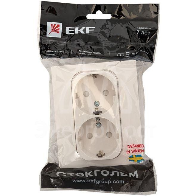 Розетка 2-м СП Стокгольм 16А IP20 с заземл. защ. шторки бел. PROxima EKF EXR16-128-10