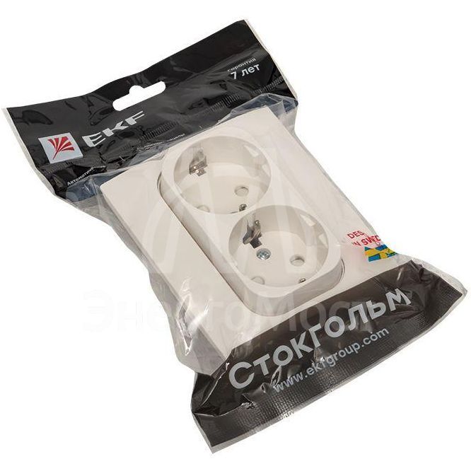 Розетка 2-м СП Стокгольм 16А IP20 с заземл. защ. шторки бел. PROxima EKF EXR16-128-10